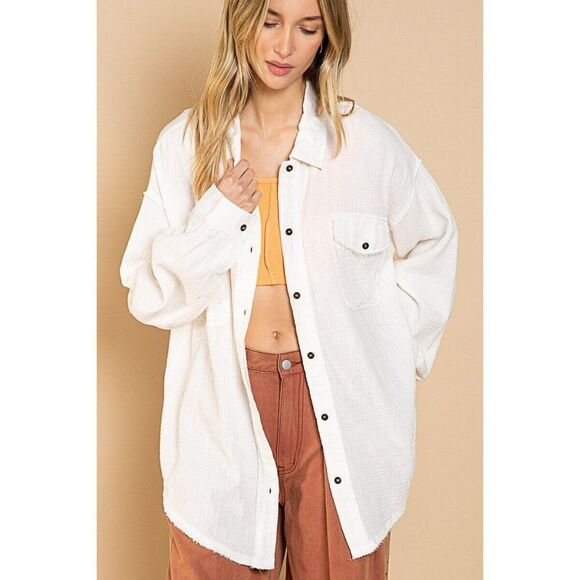 POL Clothing Button Up Dad Shirt Shacket Top Oversized Fit Off White S-L YKT433 - Picture 5 of 7